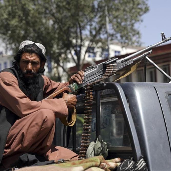 Taliban fighter on back of pickup truck with gun
